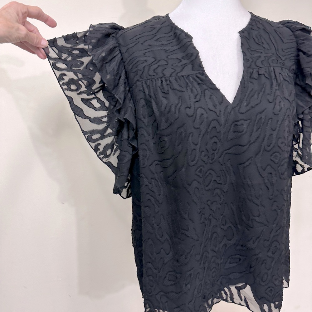 NWOT Anna Cate Black w Lace Overlay Ruffle Sleeves V-Neck Collar Pullover Top M - Picture 7 of 14